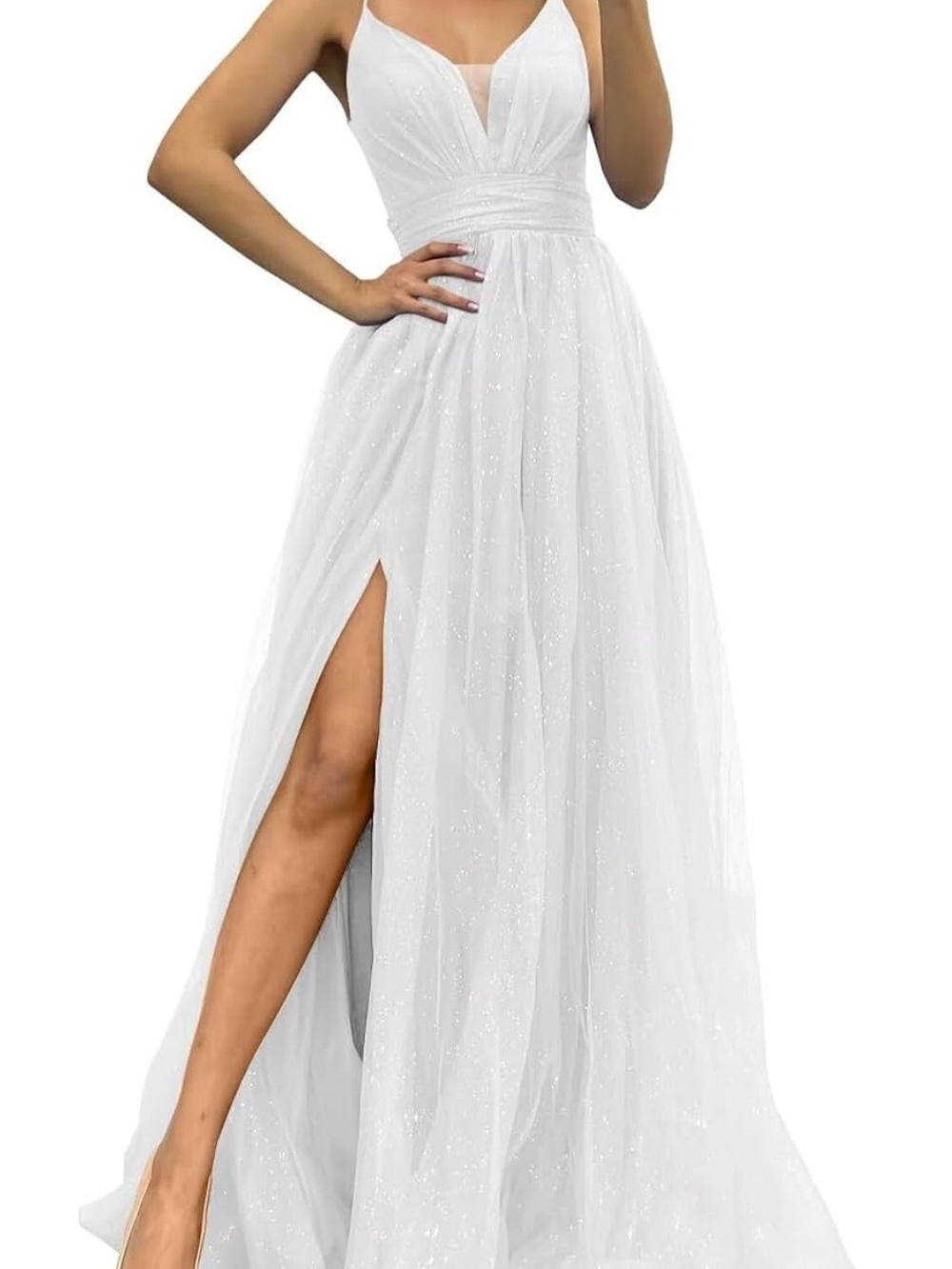Sixsoon Elegant Sparkling White V-Neck Spaghetti Strap Evening Dress
